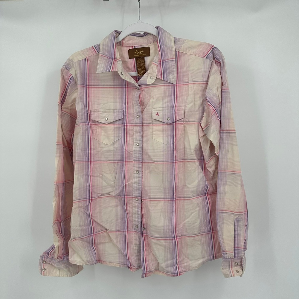 Aura Wrangler Womens Pink Plaid Western Pearl Snap Shirt Size L Cowgirl Rodeo